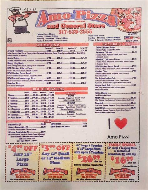 Amo pizza - MENU. Delicious lunch specials under $10 Dollars. (plus tax) LATEST. OFFERS. Looking for a deal? Look no further. Your. Store. Find the closest Johnny’s Pizza House location …